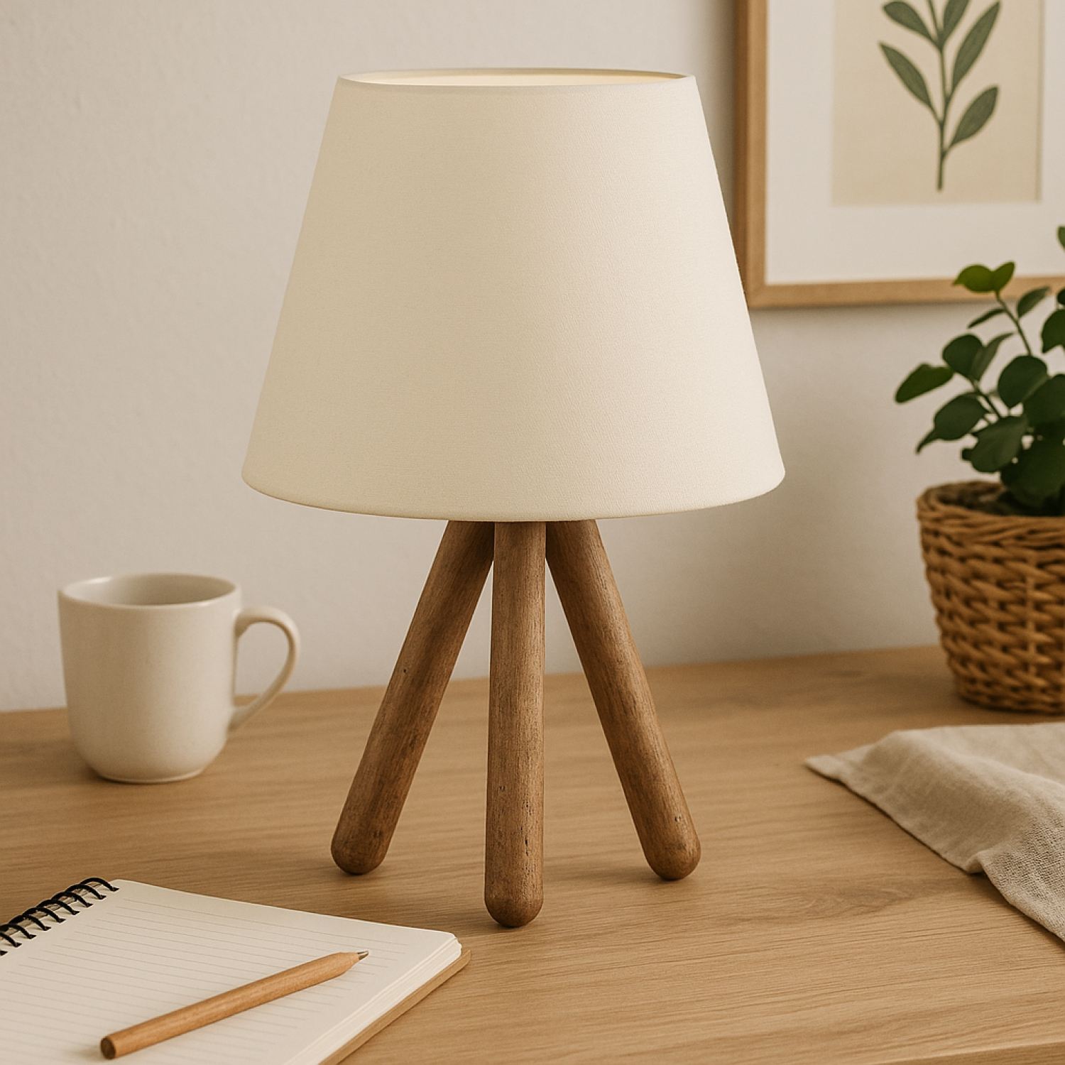 Candeeiro de Mesa – 22 x 33 cm – Branco e Nogueira – 70% Madeira de Faia e Tecido PVC