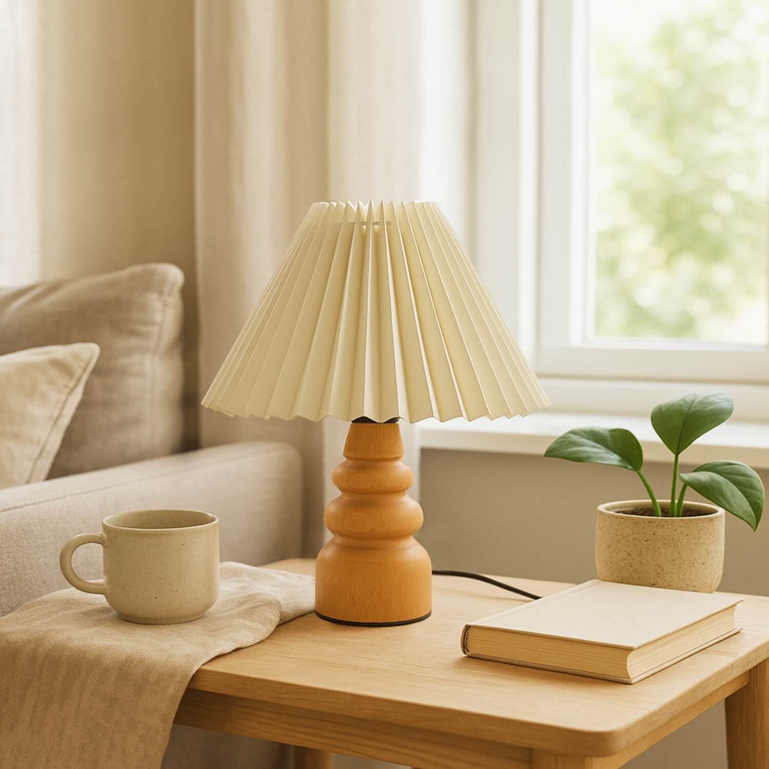 Candeeiro de Mesa em Madeira e PVC – 32 cm de Altura – Creme e Carvalho
