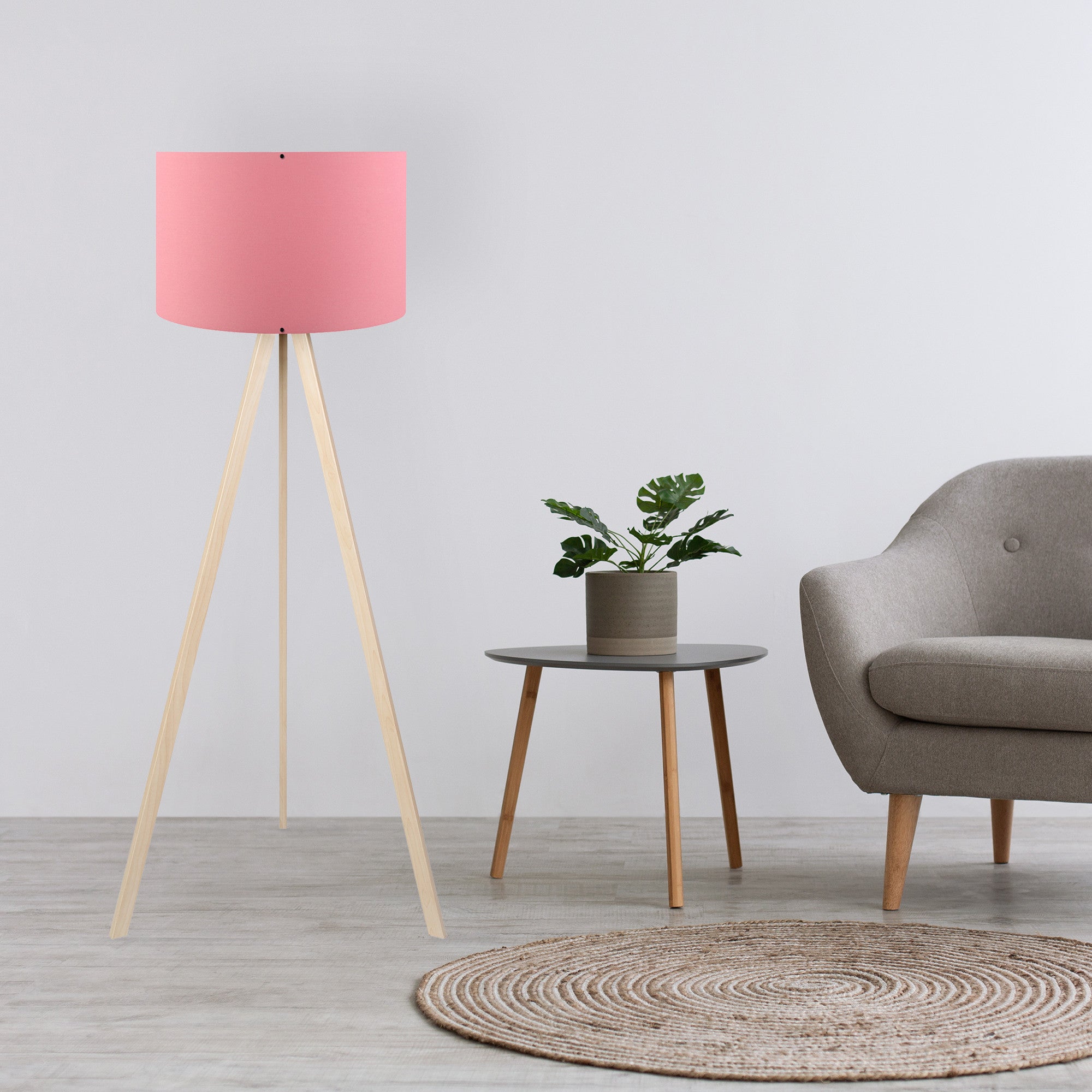 Candeeiro de Pé – 38 x 140 cm – Rosa e Carvalho – MDF e tecido PVC