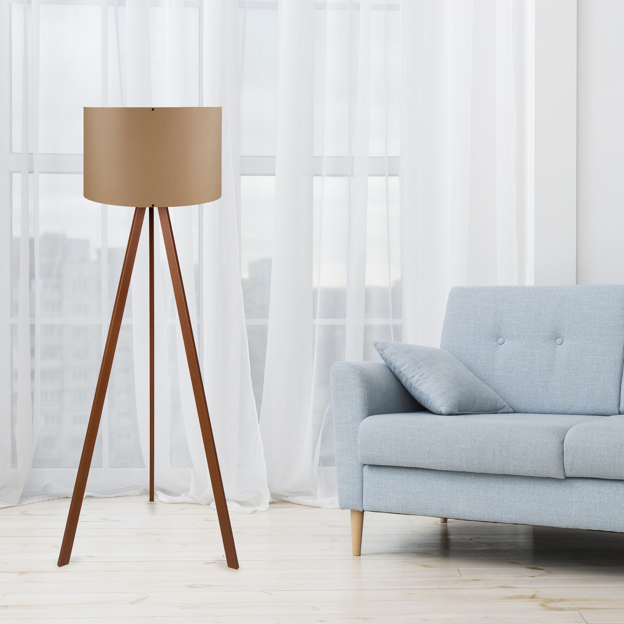 Candeeiro de Pé – 38 x 140 cm – Bege e Marrom – Tecido, MDF e PVC