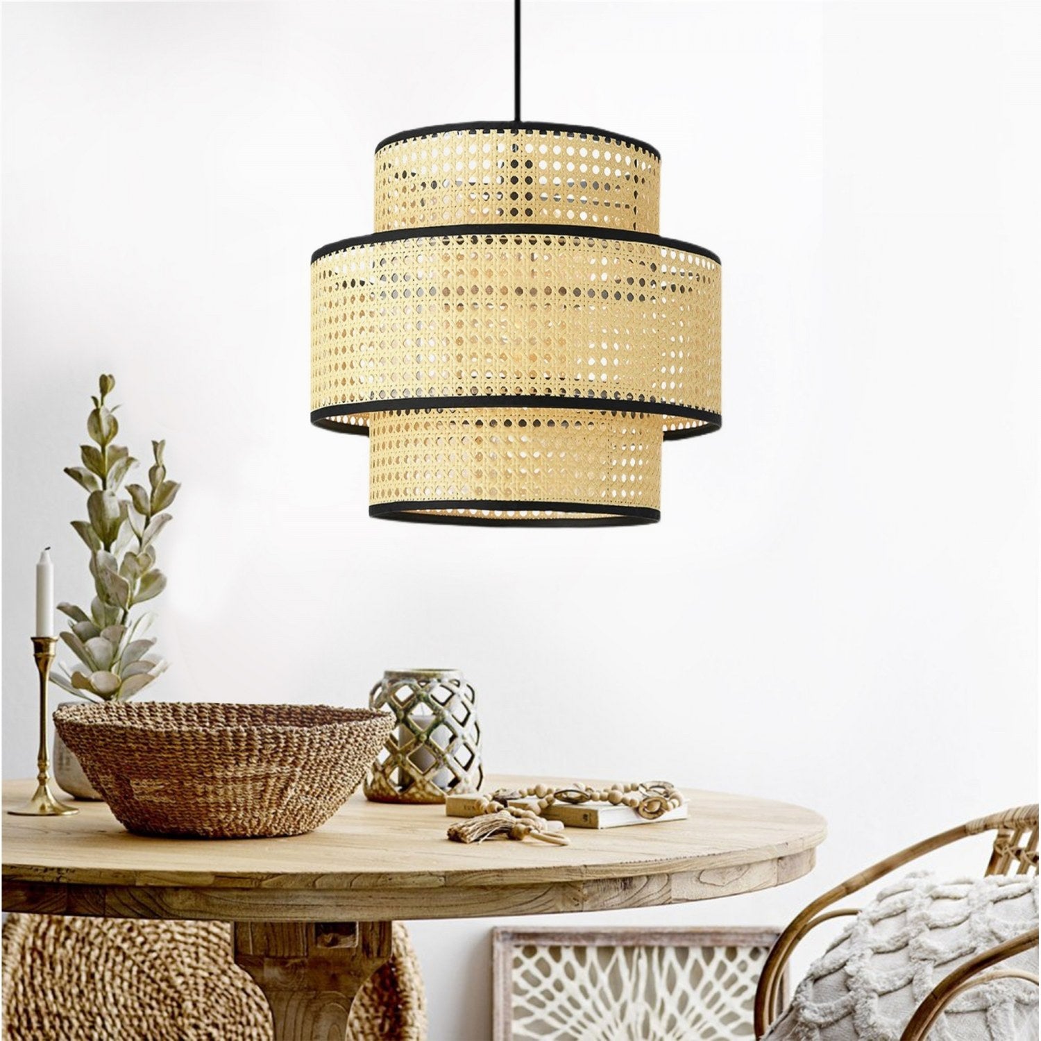Candeeiro de Teto – 80 cm – Creme e Preto – Rattan