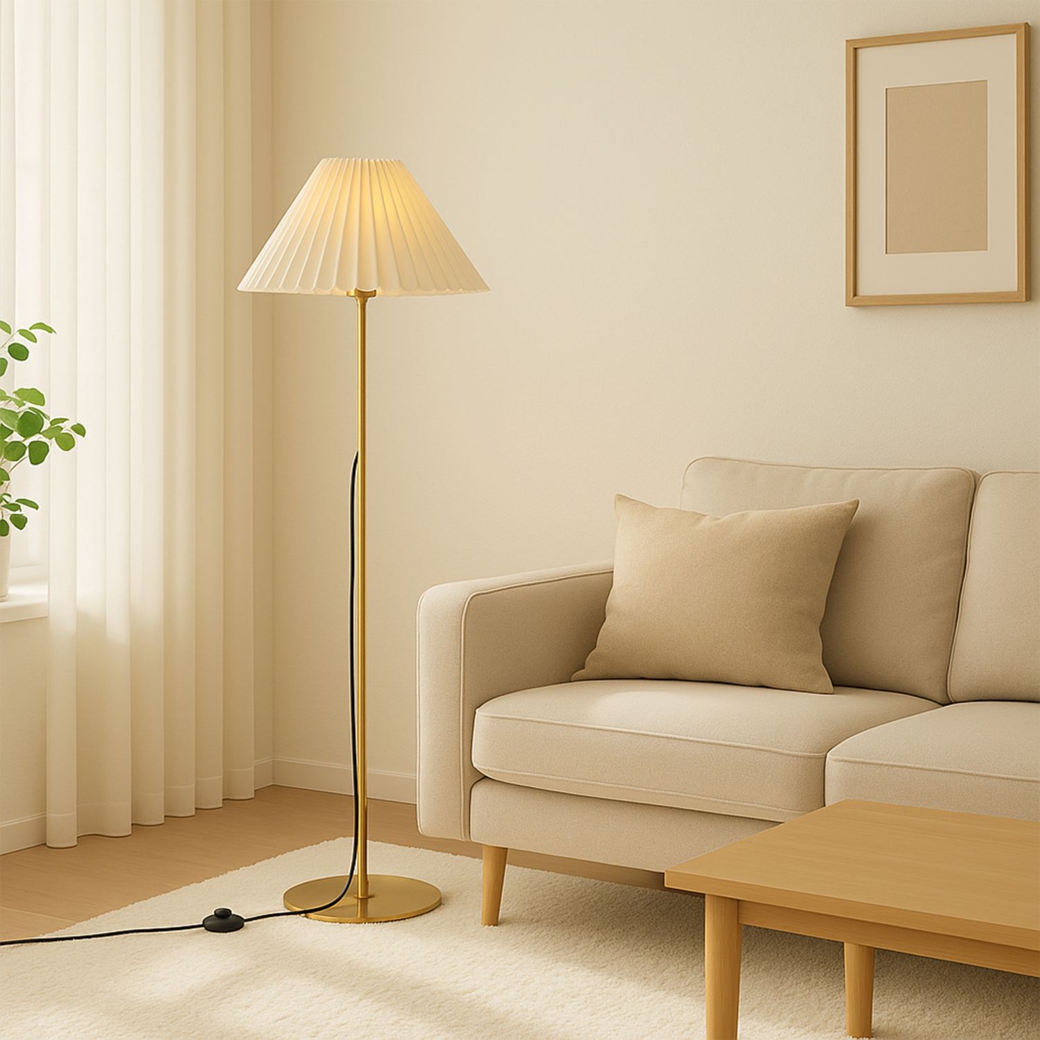 Candeeiro de Pé – 150 cm altura – creme e dourado – metal e PVC