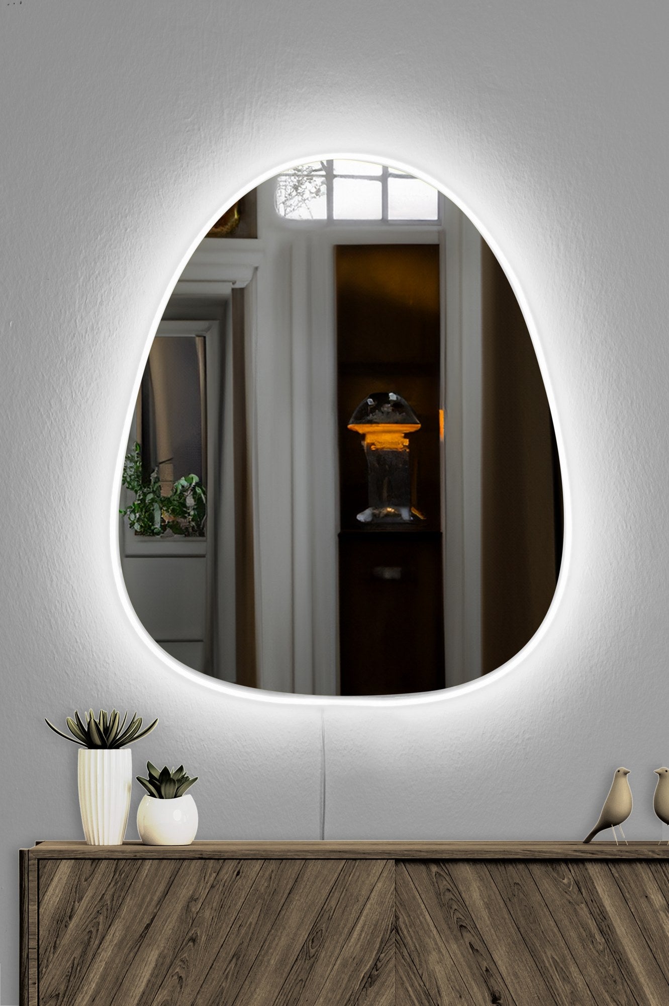 Espelho com iluminação LED e acrílico inquebrável à prova de obturador, 50 x 60 cm | 5 mm de espessura, listras neon brancas, suporte de MDF, fita dupla face incluída
