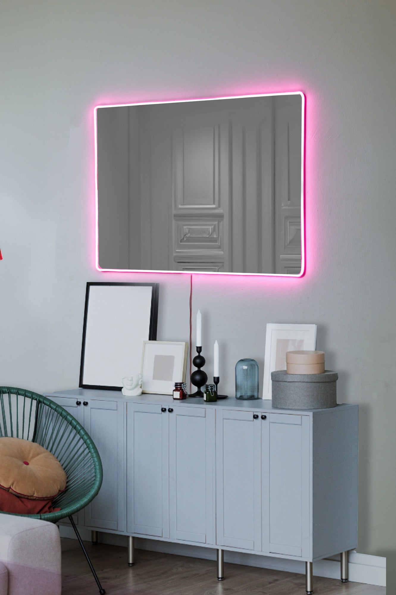Espelho com Iluminação Led-Rectangular-Rosa