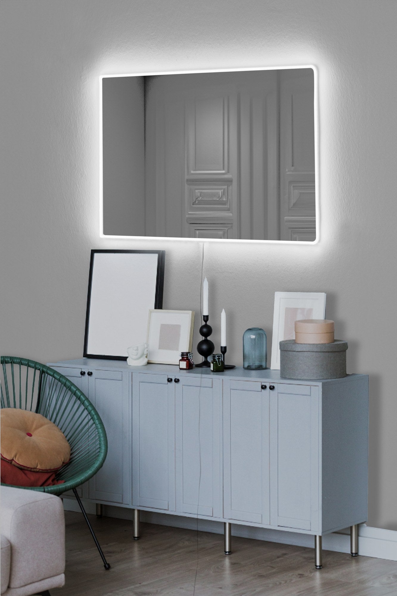 Espelho com iluminação LED, design à prova de venezianas e inquebrável, 40 x 60 cm | Acrílico de 5 mm com fundo de MDF, listras neon brancas | Perfeito para banheiros e penteadeiras modernos