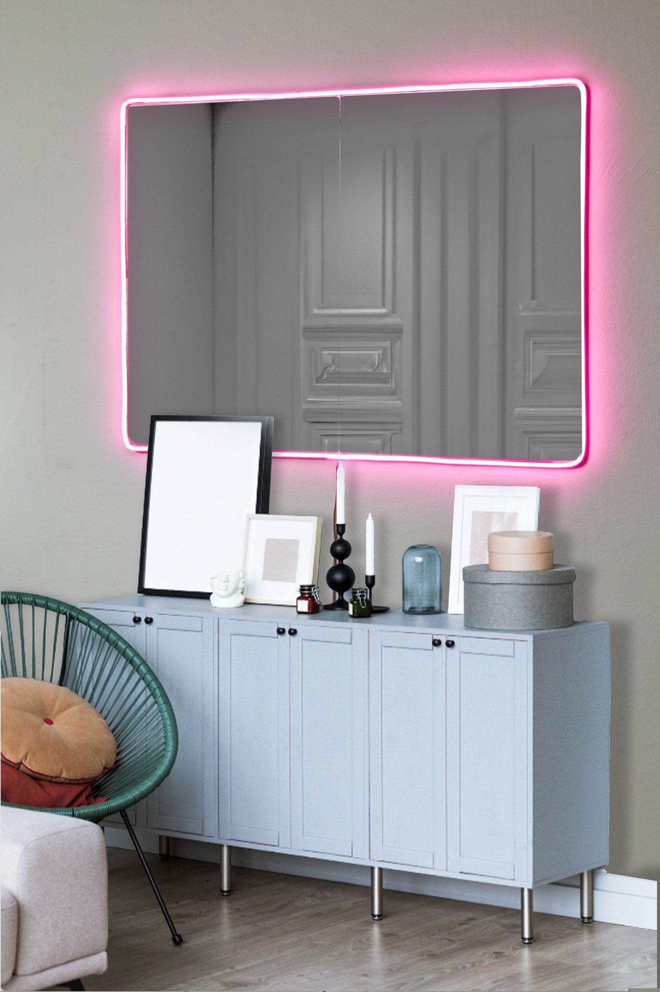 Espelho com Iluminação Led-Rectangular-Rosa