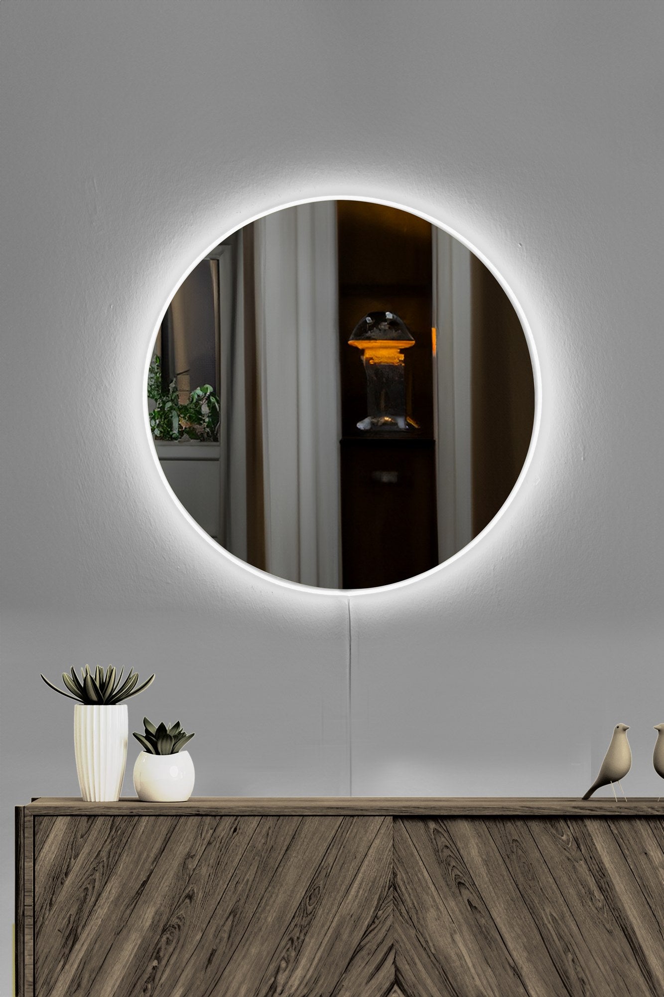 Espelho com iluminação LED, à prova de obturador, 40 cm de diâmetro, acrílico inquebrável com fundo de MDF, listras neon brancas, adaptador de 12 V | Elegante e durável para qualquer espaço