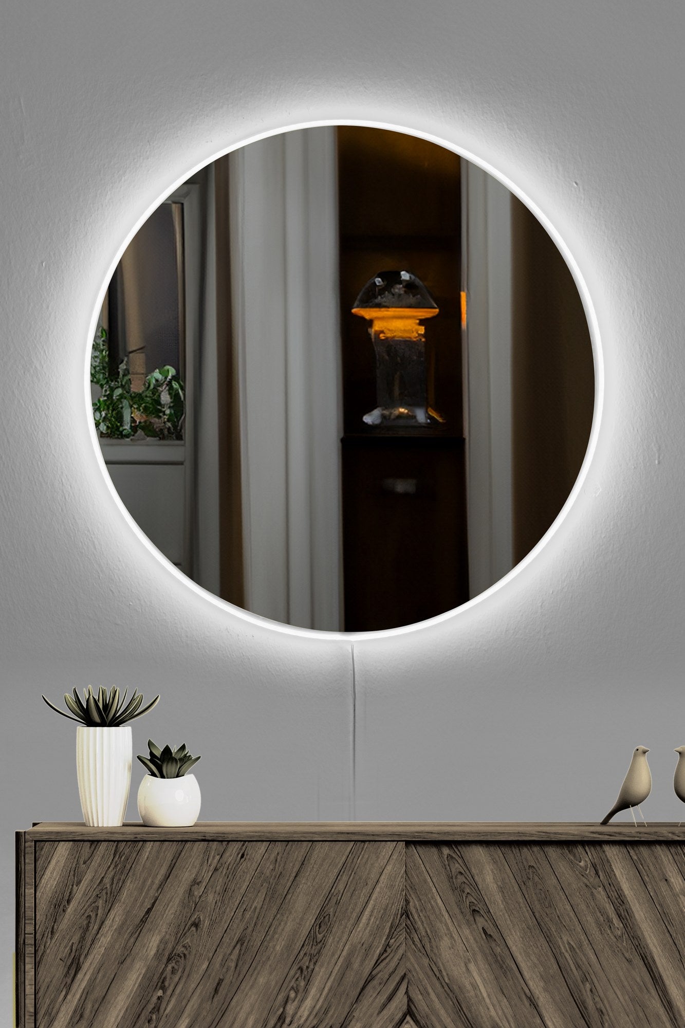 Espelho com iluminação LED, à prova de persianas, 60 cm de diâmetro, acrílico inquebrável com fundo de MDF, listras neon brancas, adaptador de 12 V | Elegante e durável para espaços modernos