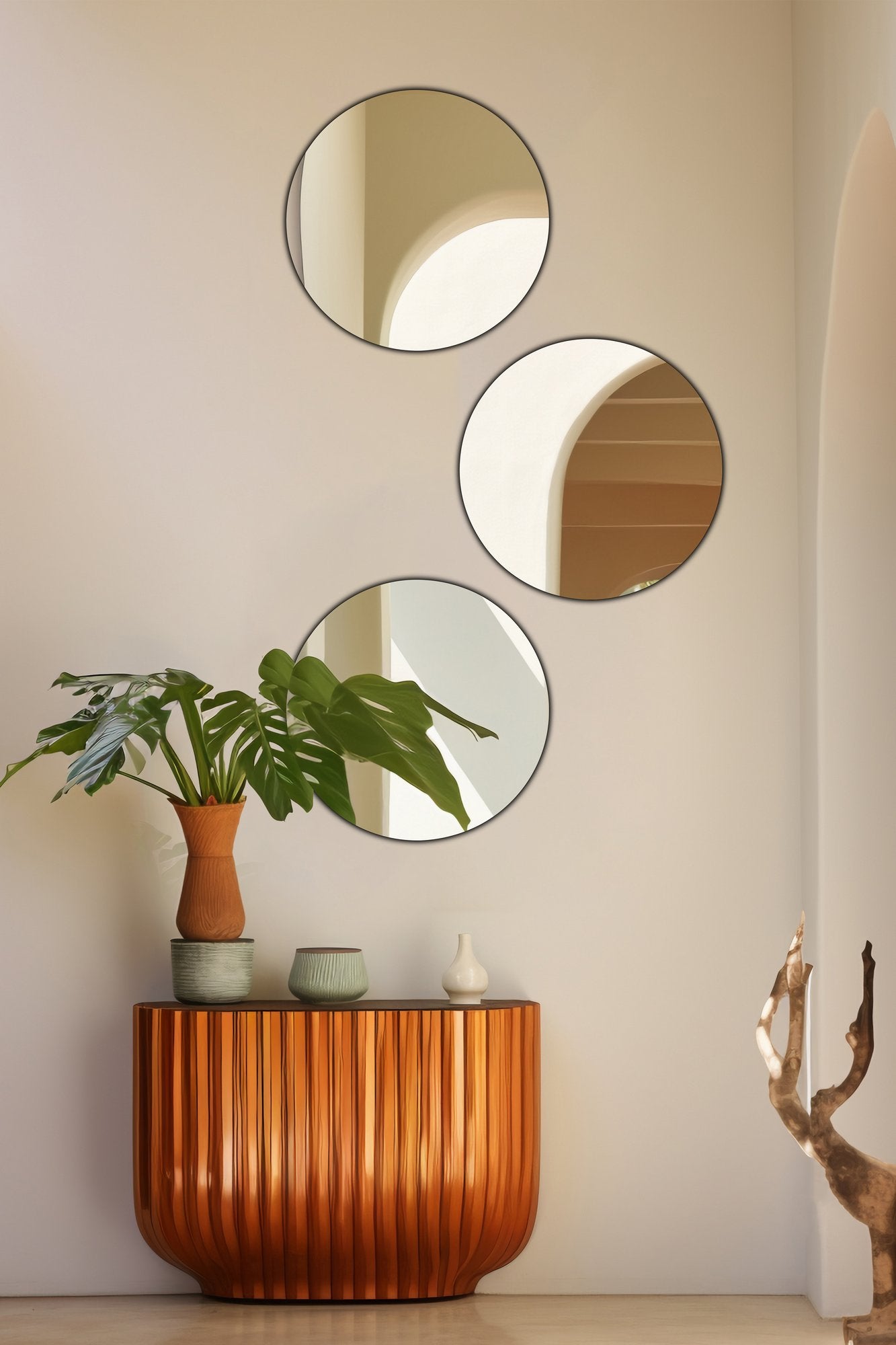Conjunto de espelhos inquebráveis e à prova de quebra (3 peças), prateados, 20 cm de diâmetro | Acrílico de 5 mm com suporte de MDF | Fácil montagem com fita dupla face | Elegante e durável