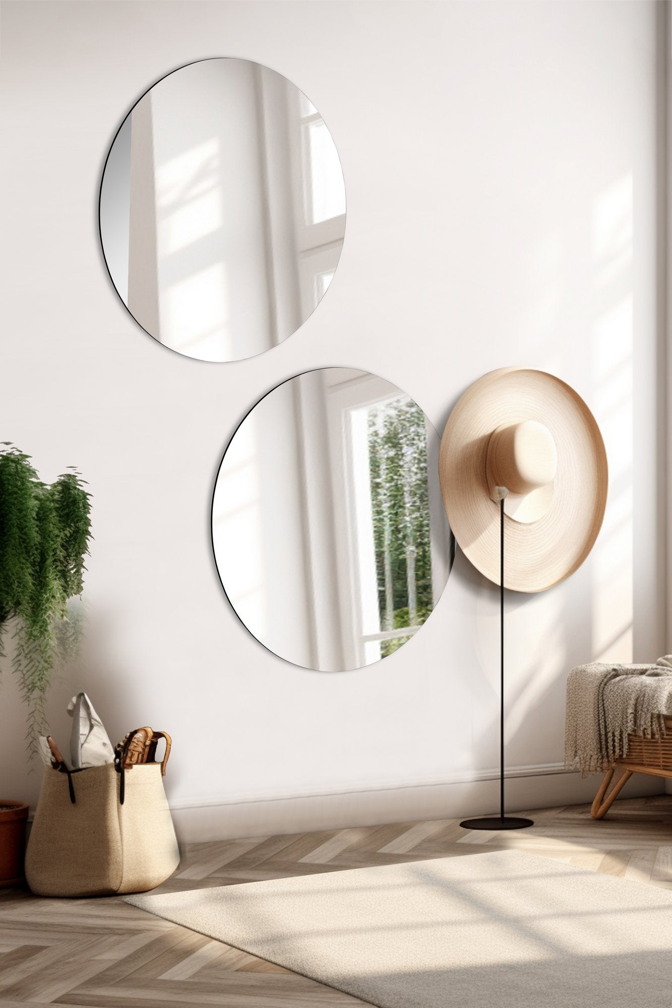 Conjunto de espelhos inquebráveis e à prova de quebra (2 peças), prateados, 30 cm de diâmetro | Acrílico de 5 mm com suporte de MDF | Inclui fita adesiva dupla-face, ideal para decoração de casa