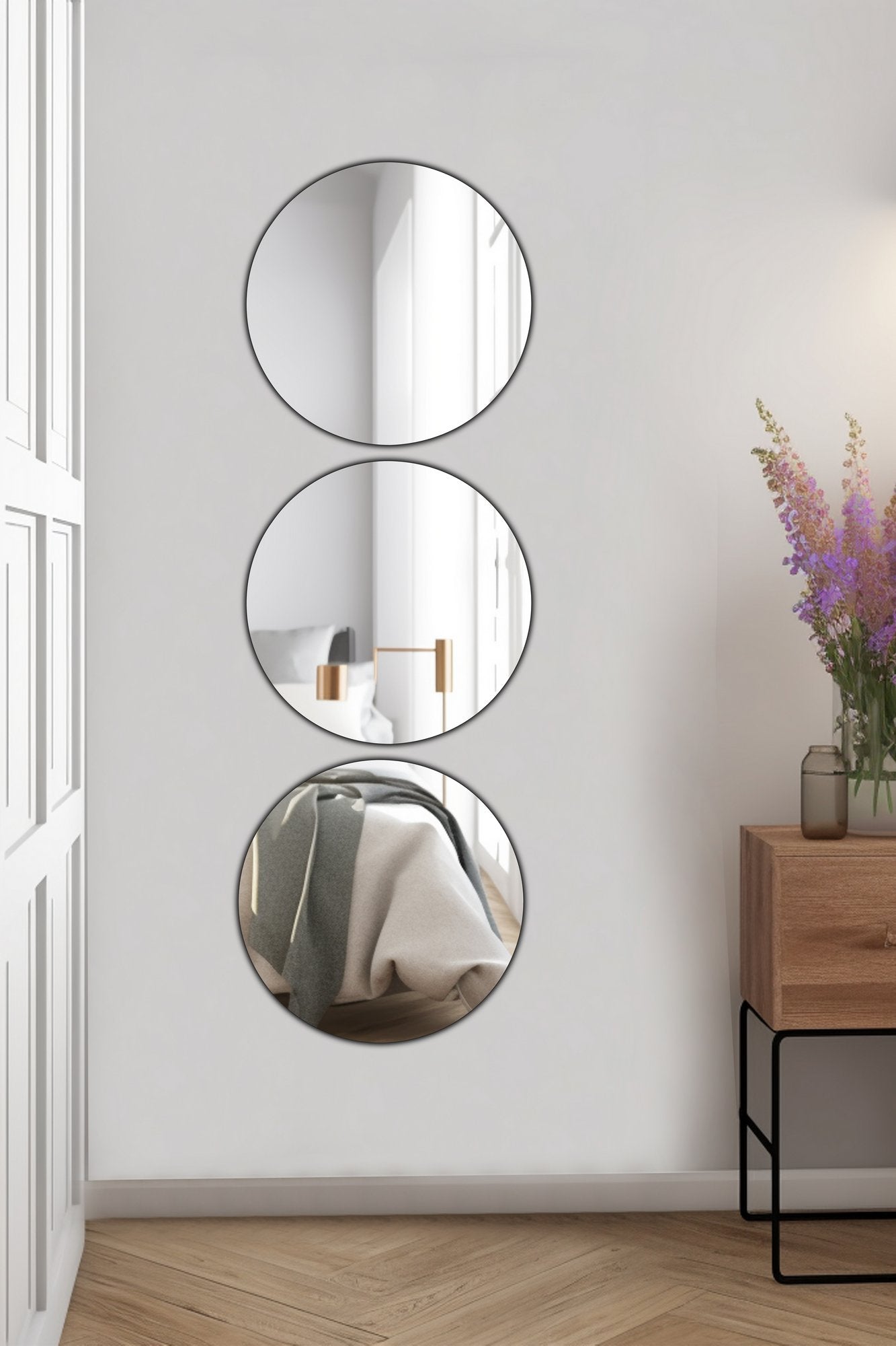 Conjunto de espelhos inquebráveis e à prova de quebra (3 peças), prateados, 30 cm de diâmetro cada | Acrílico de 5 mm com suporte de MDF | Fácil instalação com fita dupla face