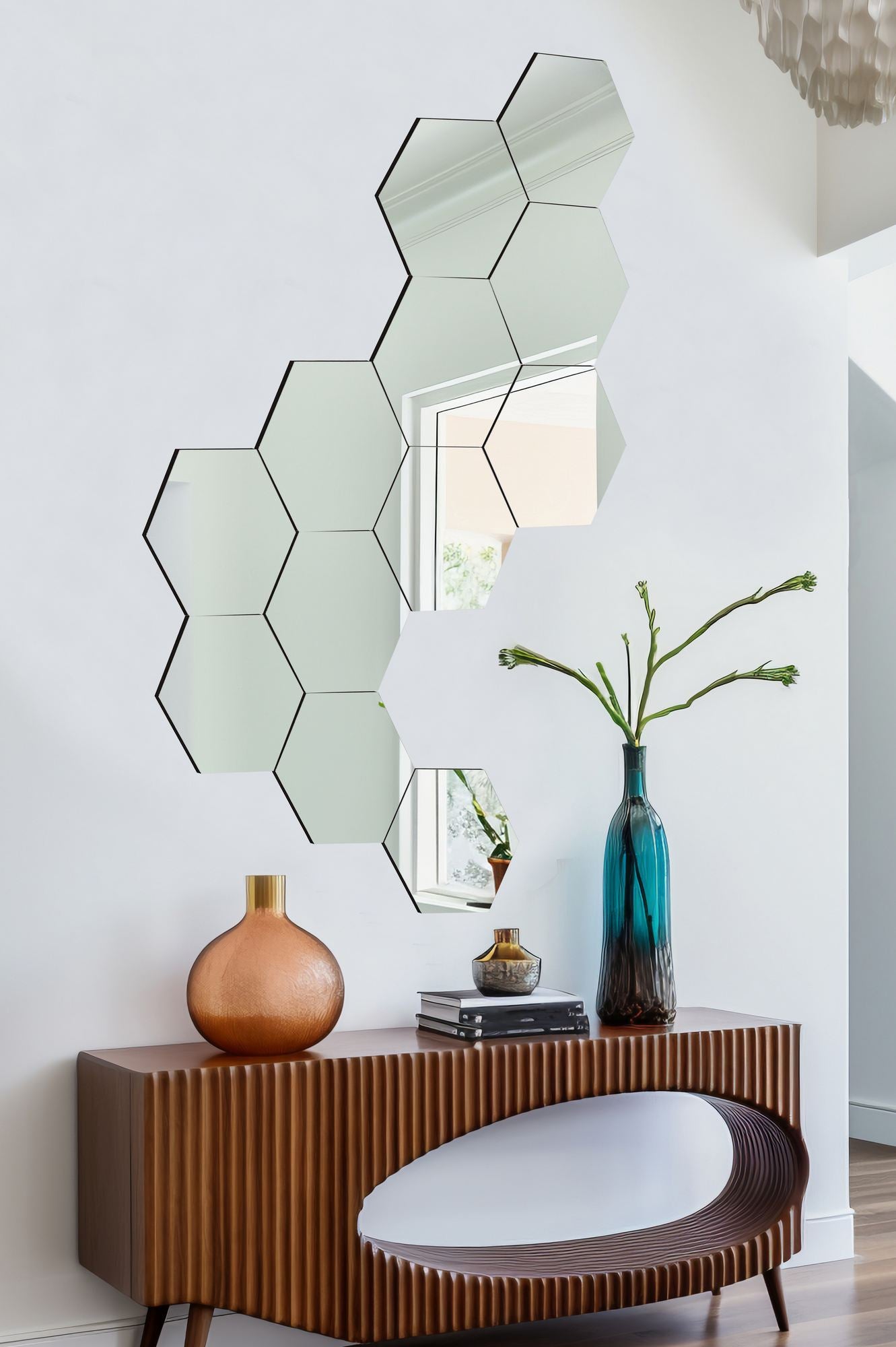 Conjunto de espelhos hexagonais inquebráveis (12 peças), prateados, 14 x 14 cm cada | Acrílico de 5 mm com suporte de MDF | Fácil instalação com fita dupla face | Decoração elegante para qualquer espaço