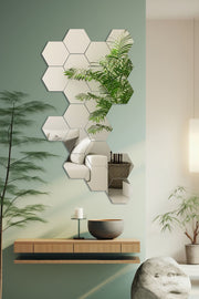 Conjunto de espelhos hexagonais inquebráveis (20 peças), prateados, 14 x 14 cm cada | Acrílico de 5 mm com suporte de MDF | Fácil instalação com fita dupla face | Decoração elegante para qualquer espaço