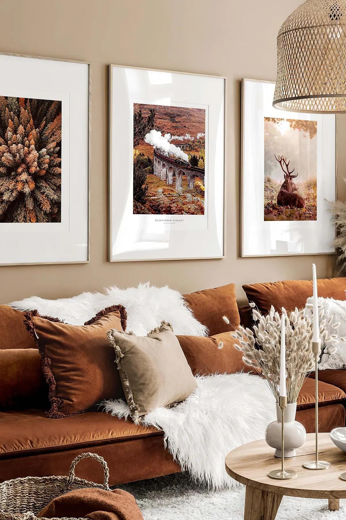 **Conjunto de 3 Quadros Decorativos Multicolor com Moldura de Madeira Maciça - 33x48cm**