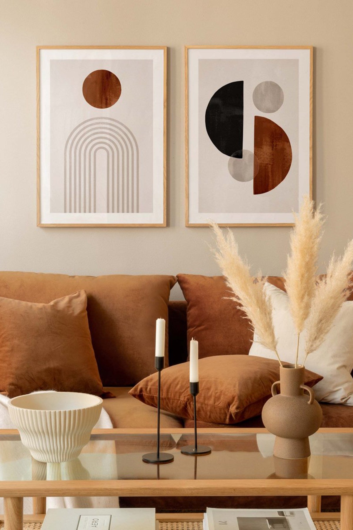 Conjunto de 2 Quadros Decorativos Multicolor com Moldura de Madeira Maciça - 33x48cm