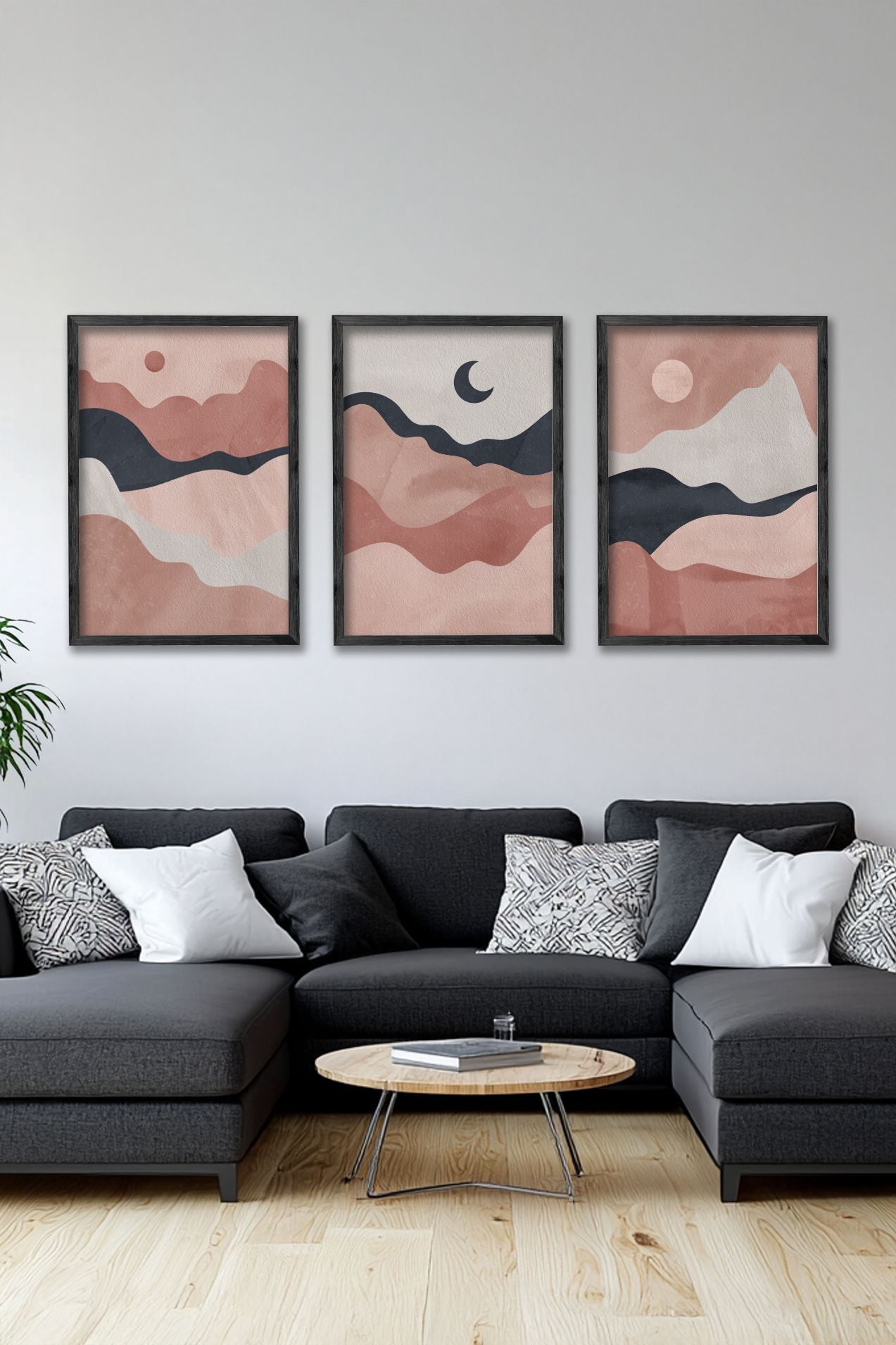 Conjunto de 3 Quadros Decorativos Multicolor com Moldura de Madeira Maciça - 34x49cm