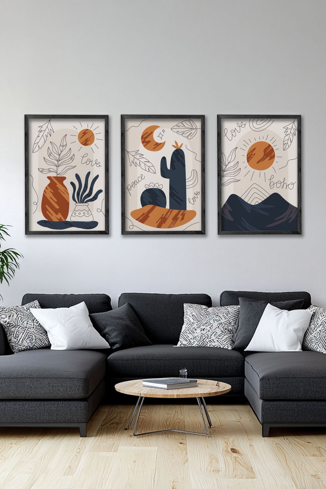 Conjunto de 3 Quadros Decorativos Multicolor com Moldura de Madeira Maciça - Arte Digital Premium para Decoração de Interiores