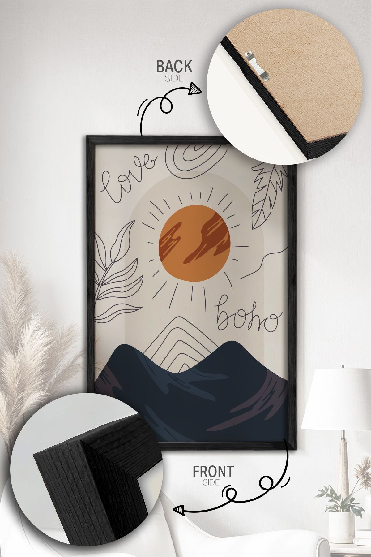 Conjunto de 3 Quadros Decorativos Multicolor com Moldura de Madeira Maciça - Arte Digital Premium para Decoração de Interiores