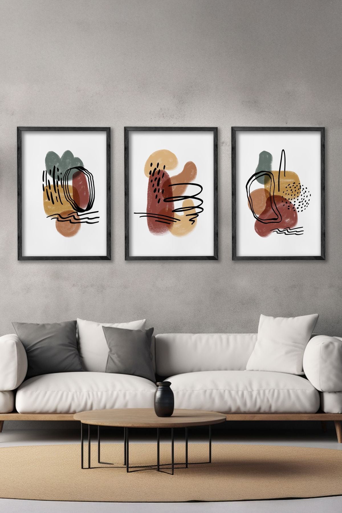 Conjunto de 3 Quadros Decorativos Multicolor com Moldura de Madeira Maciça - Arte Digital Premium para Decoração de Interiores