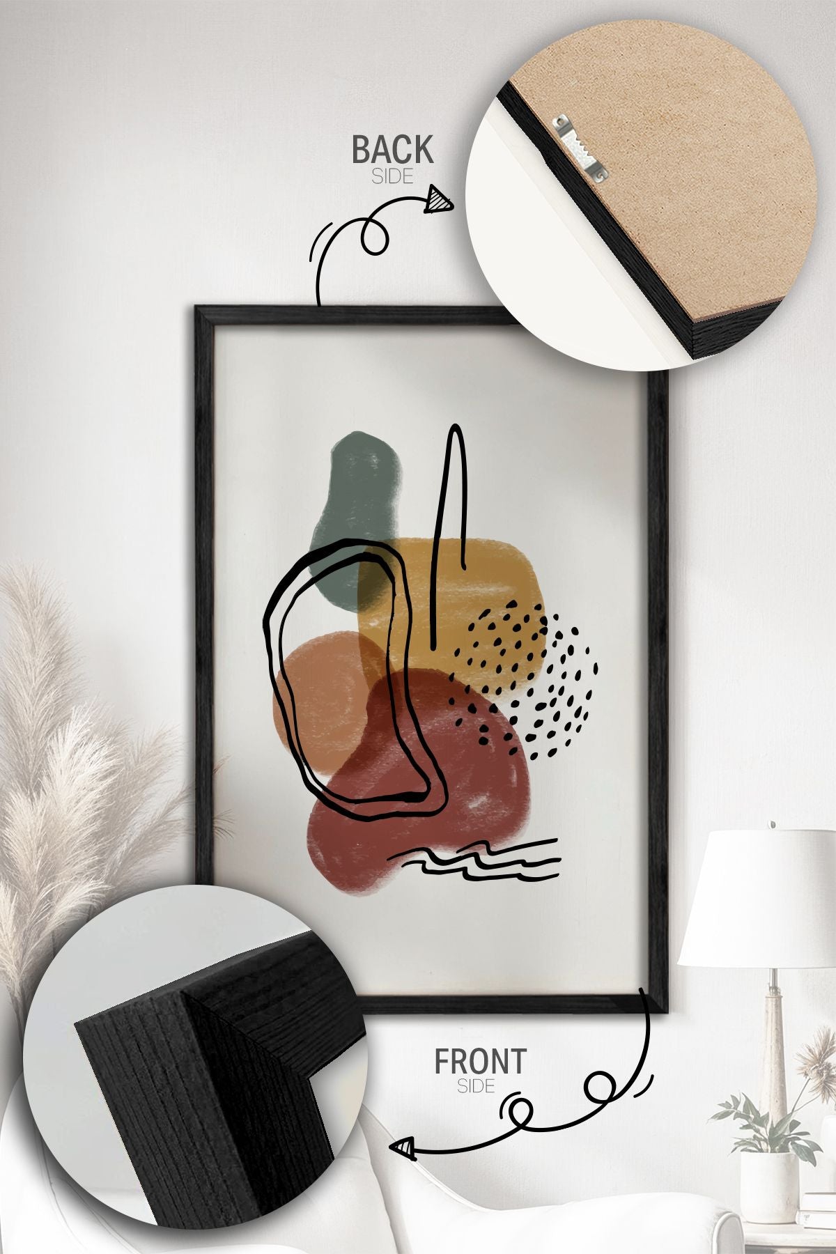 Conjunto de 3 Quadros Decorativos Multicolor com Moldura de Madeira Maciça - Arte Digital Premium para Decoração de Interiores