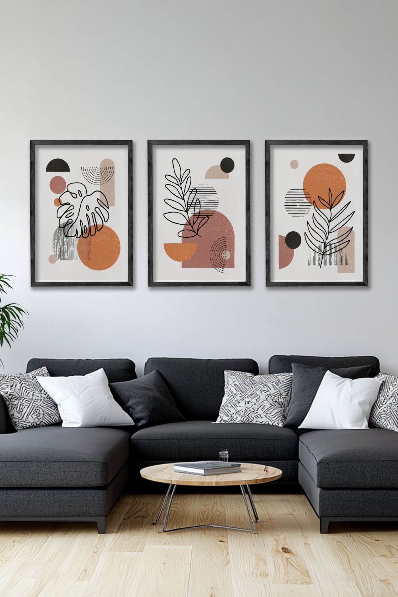 Conjunto de 3 Quadros Decorativos Multicolor com Moldura de Madeira Maciça - 34x49cm