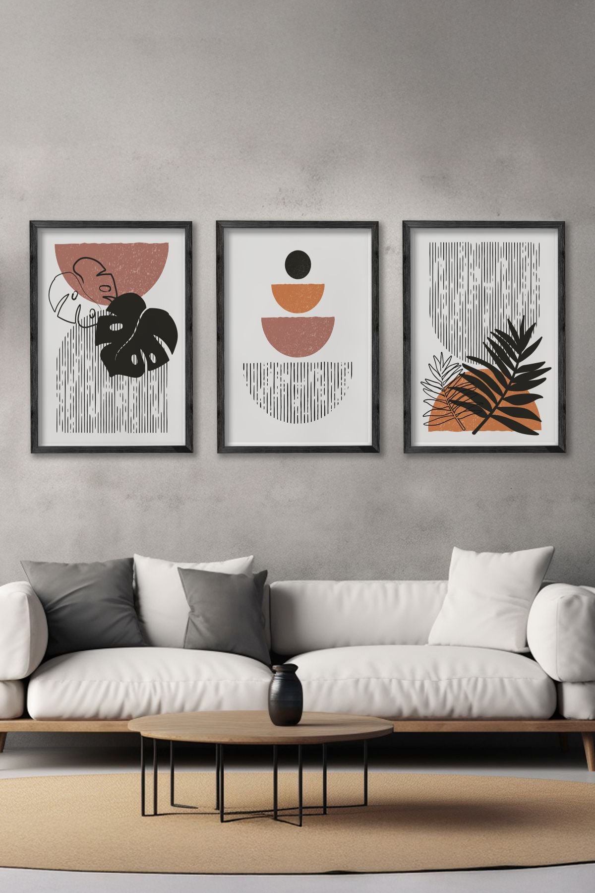 Conjunto de 3 Quadros Decorativos Multicolor com Moldura de Madeira Maciça - 34x49cm