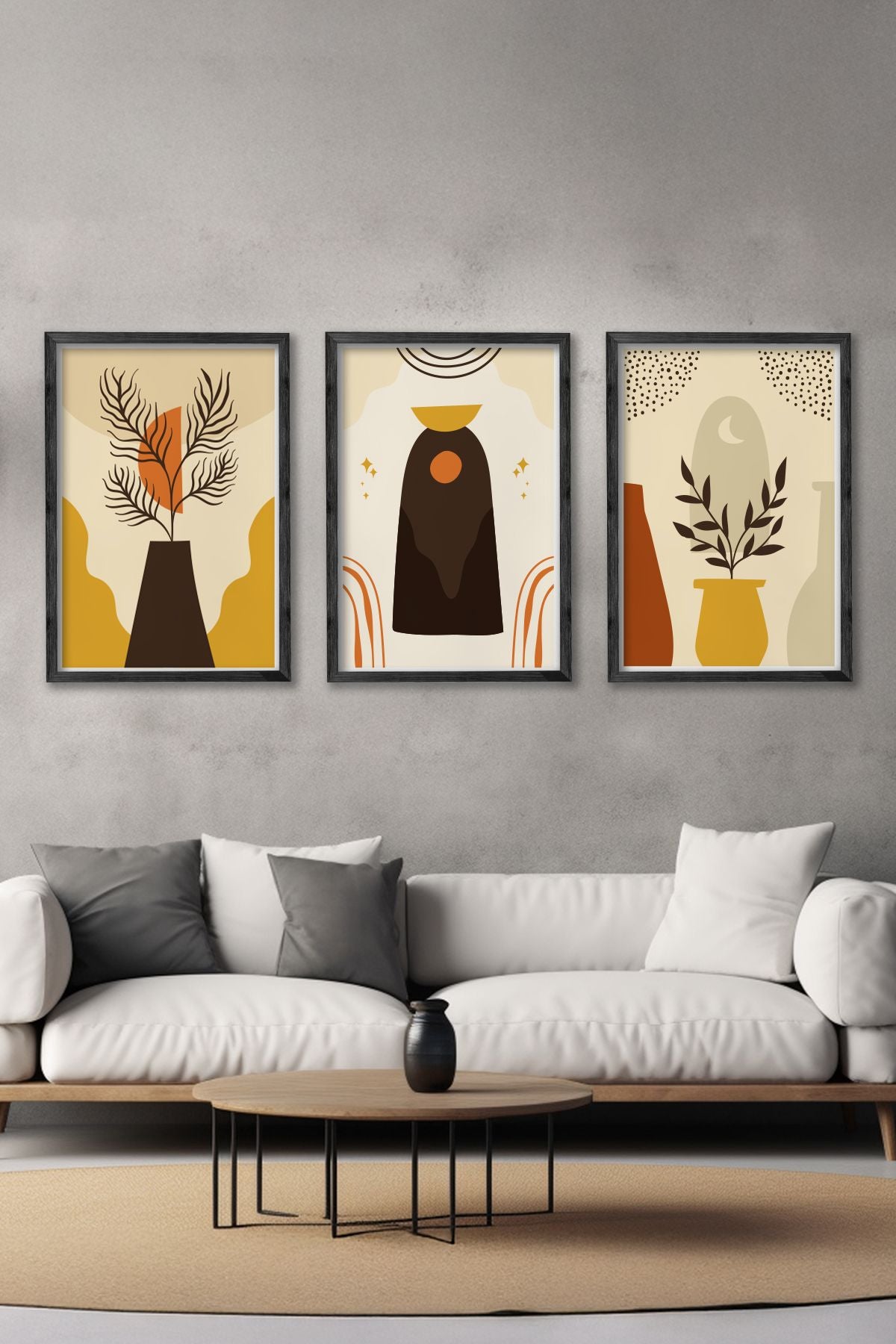 Conjunto de 3 Quadros Decorativos Multicolor com Moldura de Madeira Maciça - 34x49cm