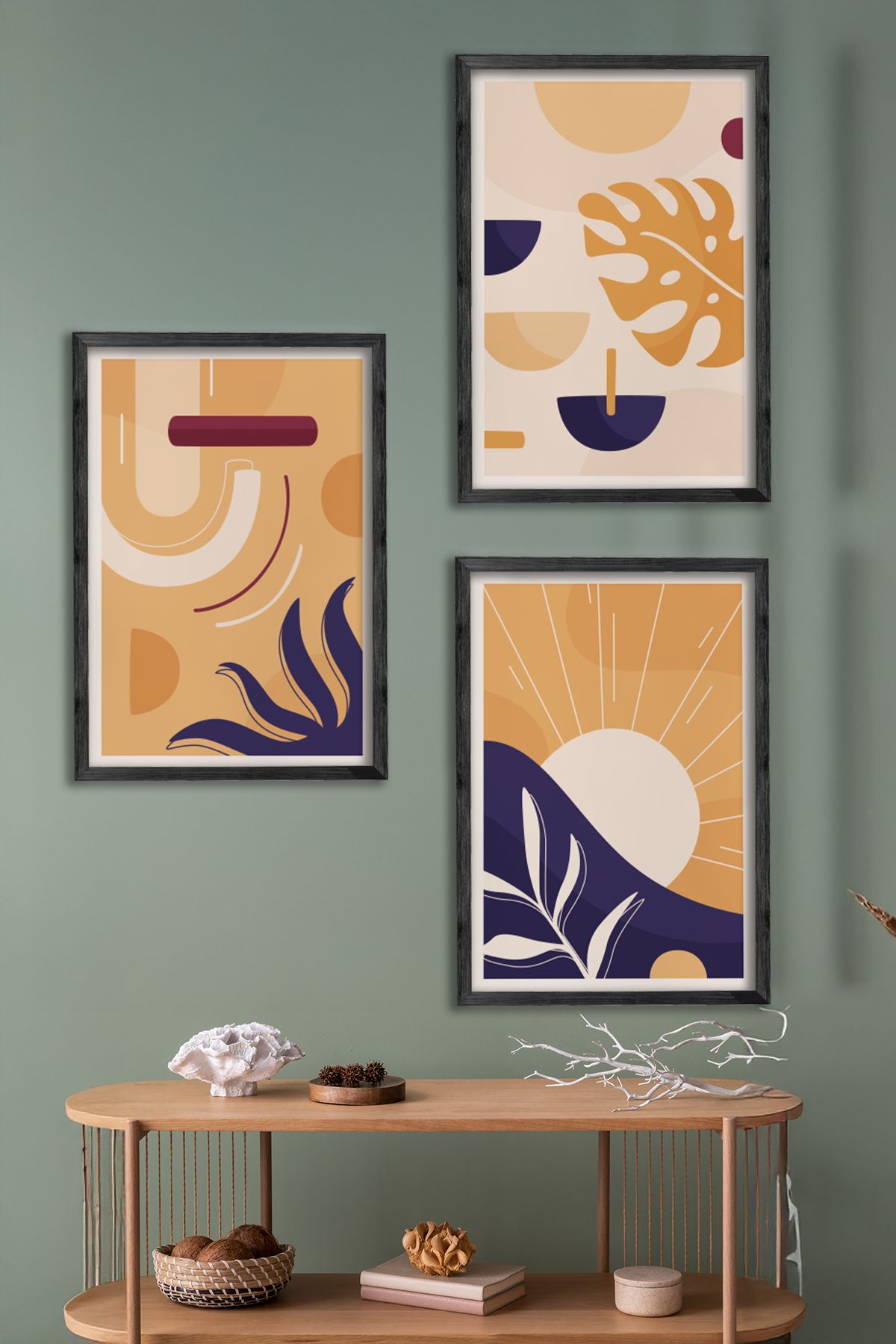 Conjunto de 3 Quadros Decorativos Multicolor com Moldura de Madeira Maciça - 34x49cm