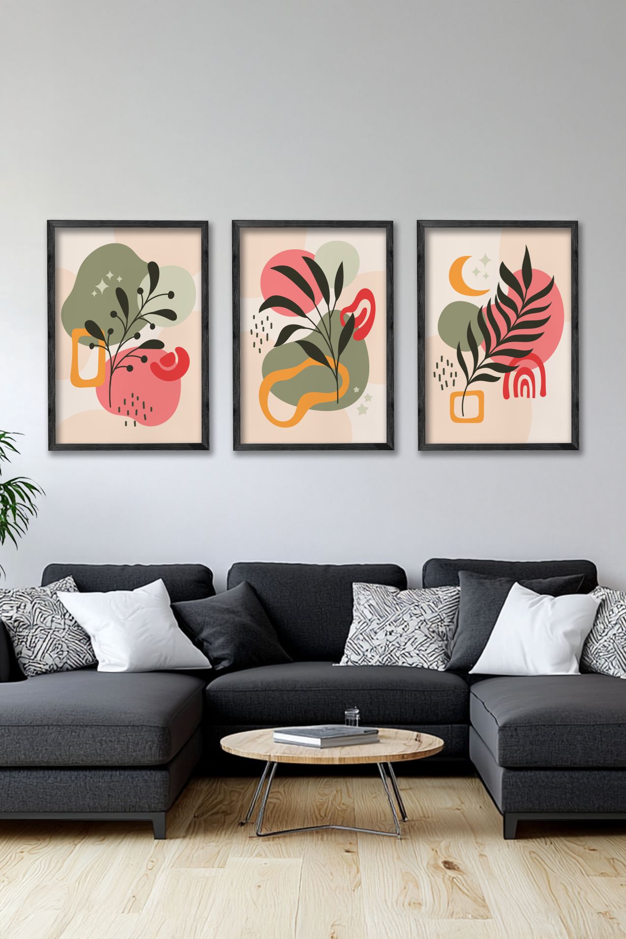 Conjunto de 3 Quadros Decorativos Multicolor com Moldura de Madeira Maciça - 34x49cm