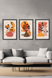 Conjunto de 3 Quadros Decorativos Multicolor com Moldura de Madeira Maciça - 34x49cm