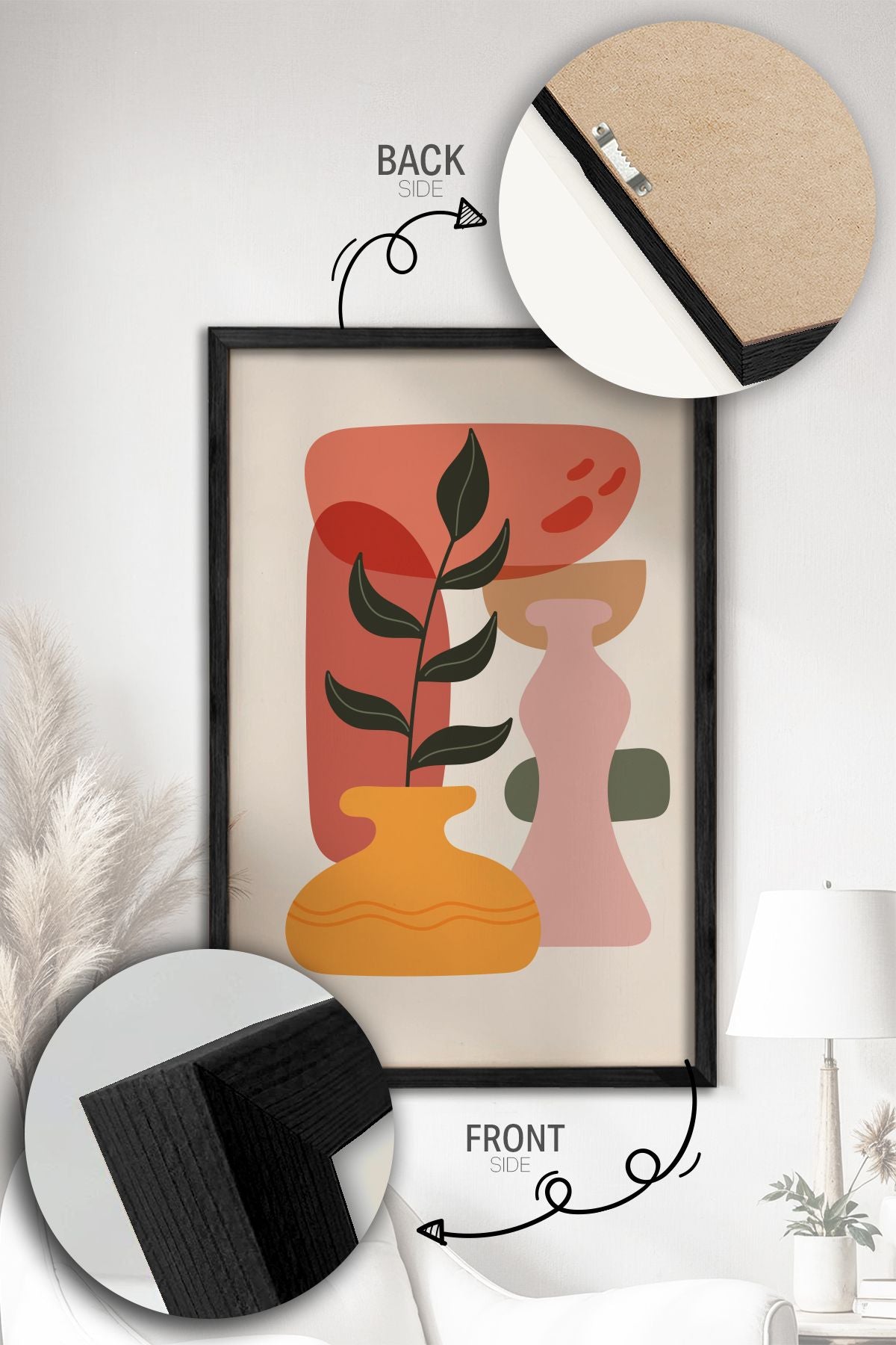 Conjunto de 3 Quadros Decorativos Multicolor com Moldura de Madeira Maciça - 34x49cm