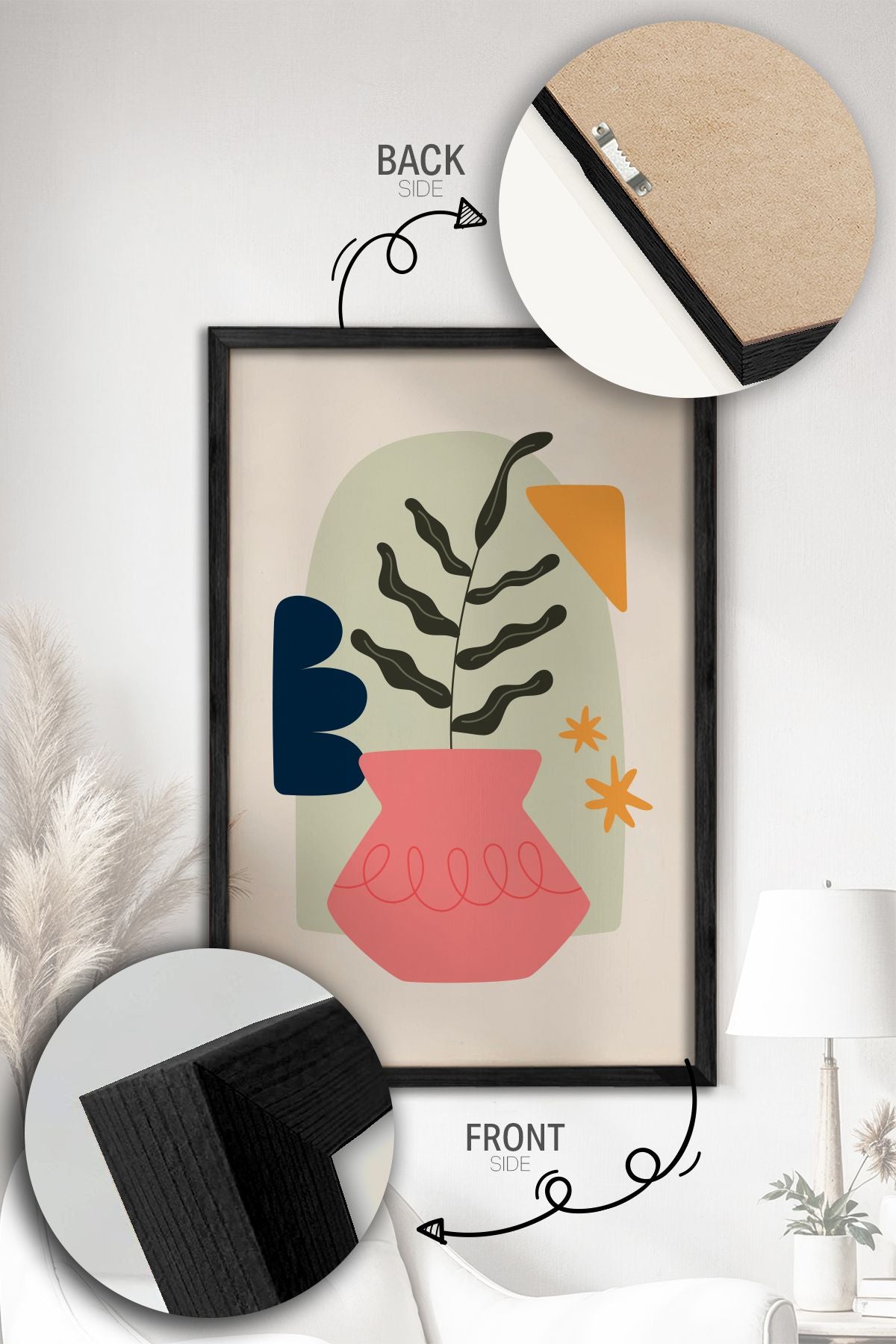 Conjunto de 3 Quadros Decorativos Multicolor com Moldura de Madeira Maciça - 34x49cm