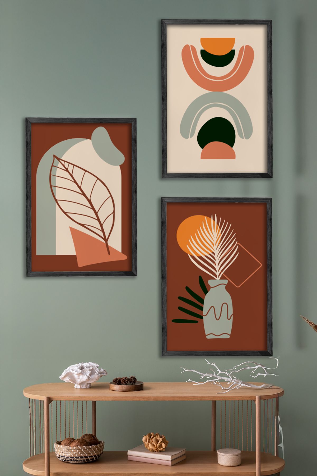 Conjunto de 3 Quadros Decorativos Multicolor com Moldura de Madeira Maciça - 34x49cm