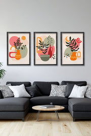 Conjunto de 3 Quadros Decorativos Multicolor com Moldura de Madeira Maciça - 34x49cm