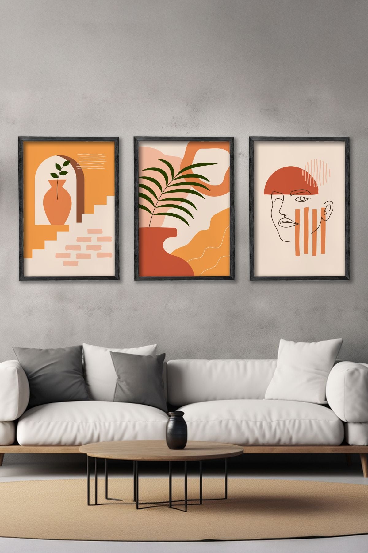 Conjunto de 3 Quadros Decorativos Multicolor com Moldura de Madeira Maciça - 34x49cm