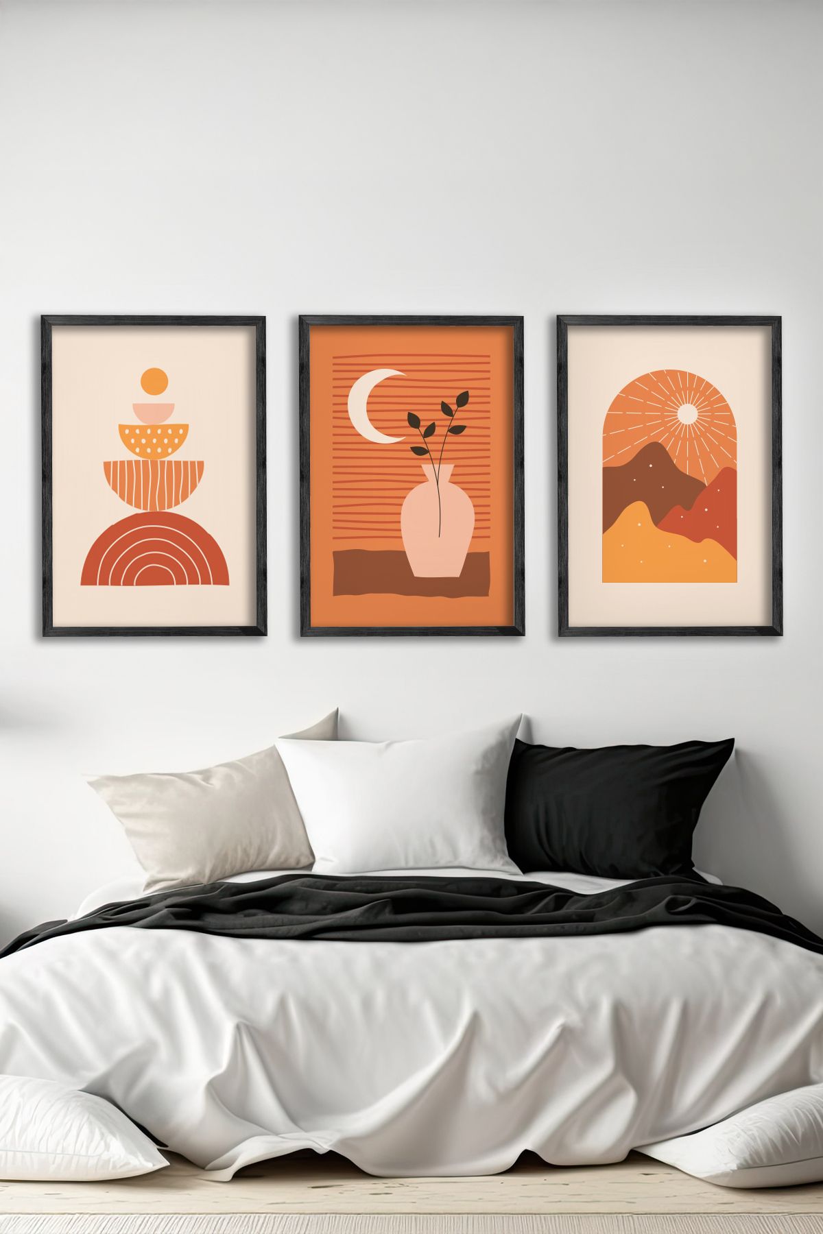 Conjunto de 3 Quadros Decorativos Multicolor com Moldura de Madeira Maciça - 34x49cm