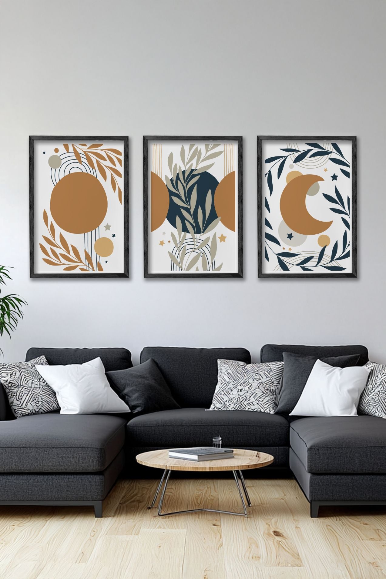 Conjunto de 3 Quadros Decorativos Multicolor com Moldura de Madeira Maciça - 34x49cm