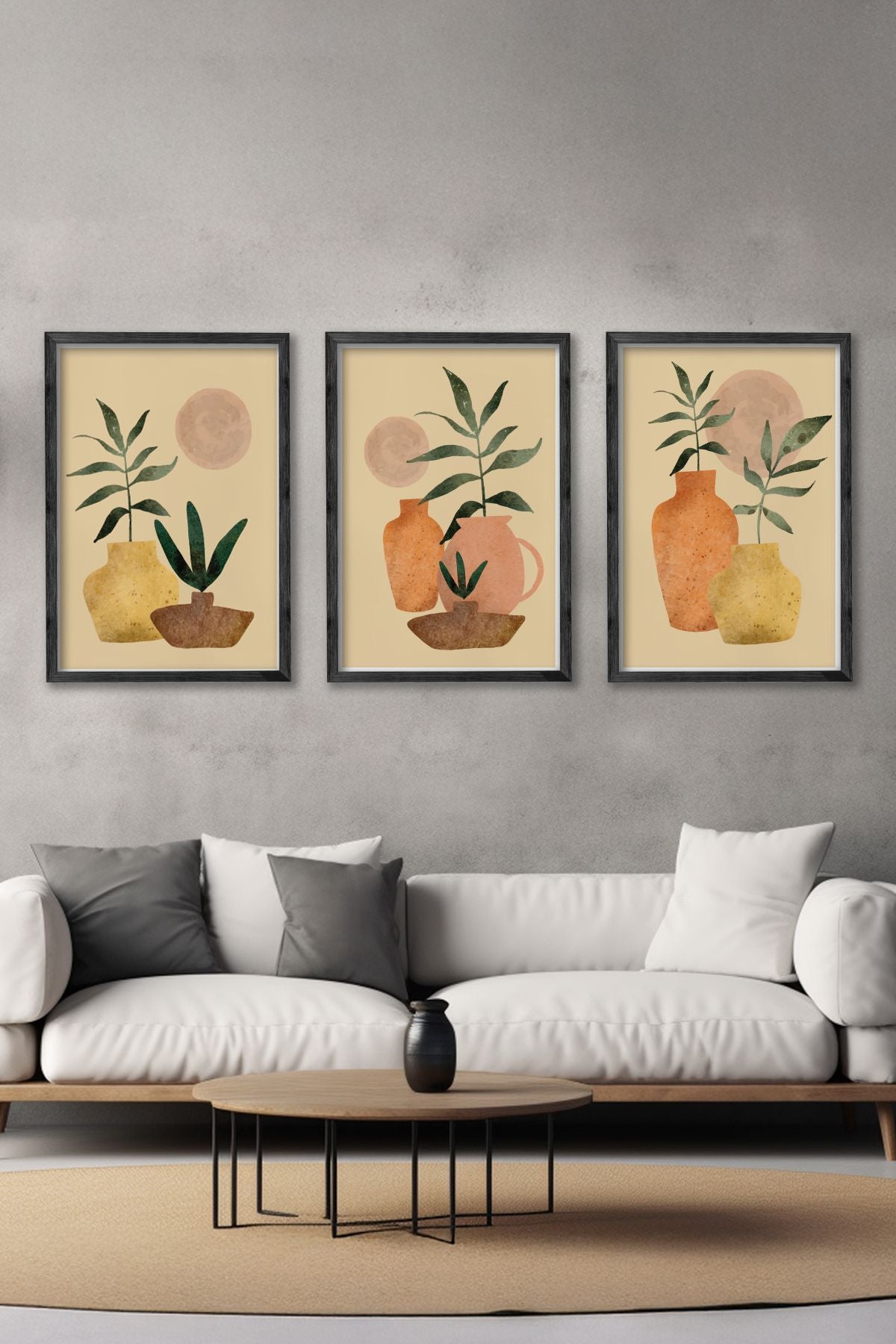 Conjunto de 3 Quadros Decorativos Multicolor com Moldura de Madeira Maciça - 34x49cm