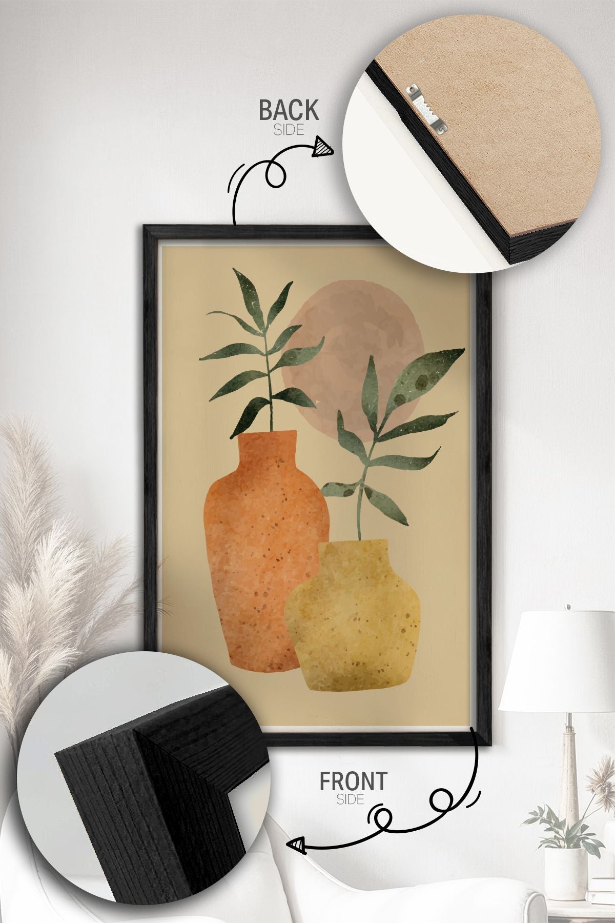 Conjunto de 3 Quadros Decorativos Multicolor com Moldura de Madeira Maciça - 34x49cm