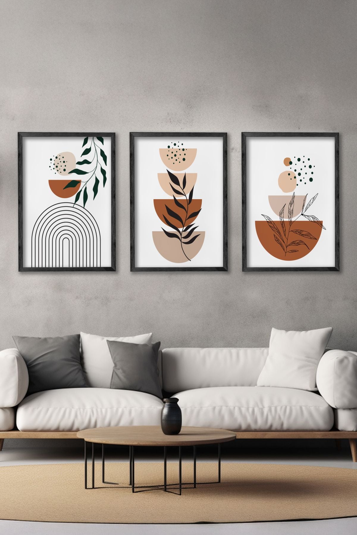 Conjunto de 3 Quadros Decorativos Multicolor com Moldura de Madeira Maciça - Arte Digital Premium para Decoração de Interiores