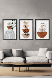 Conjunto de 3 Quadros Decorativos Multicolor com Moldura de Madeira Maciça - Arte Digital Premium para Decoração de Interiores