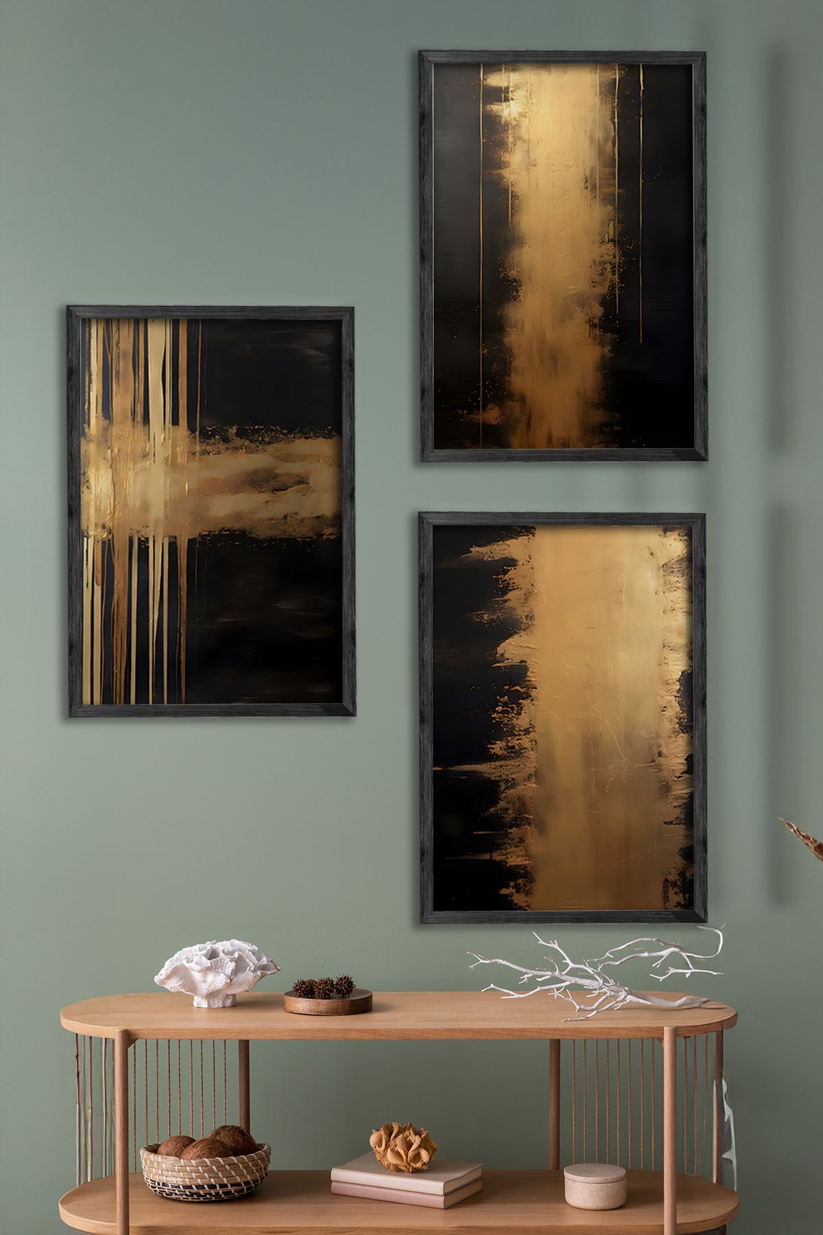 Conjunto de 3 Quadros Decorativos Multicolor com Moldura de Madeira Maciça - 34x49cm