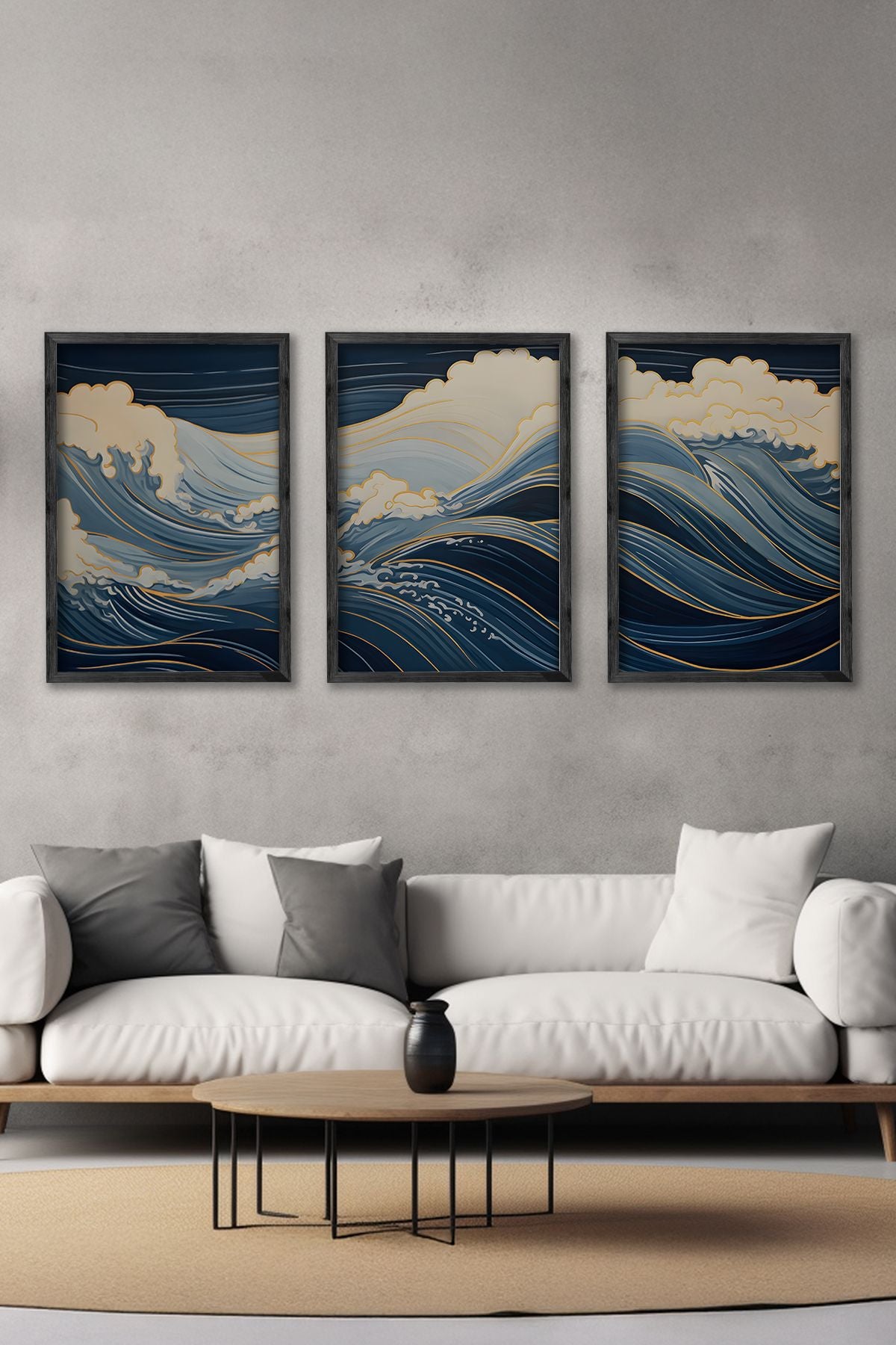 Conjunto de 3 Quadros Decorativos Multicolor com Moldura de Madeira Maciça - 34x49cm