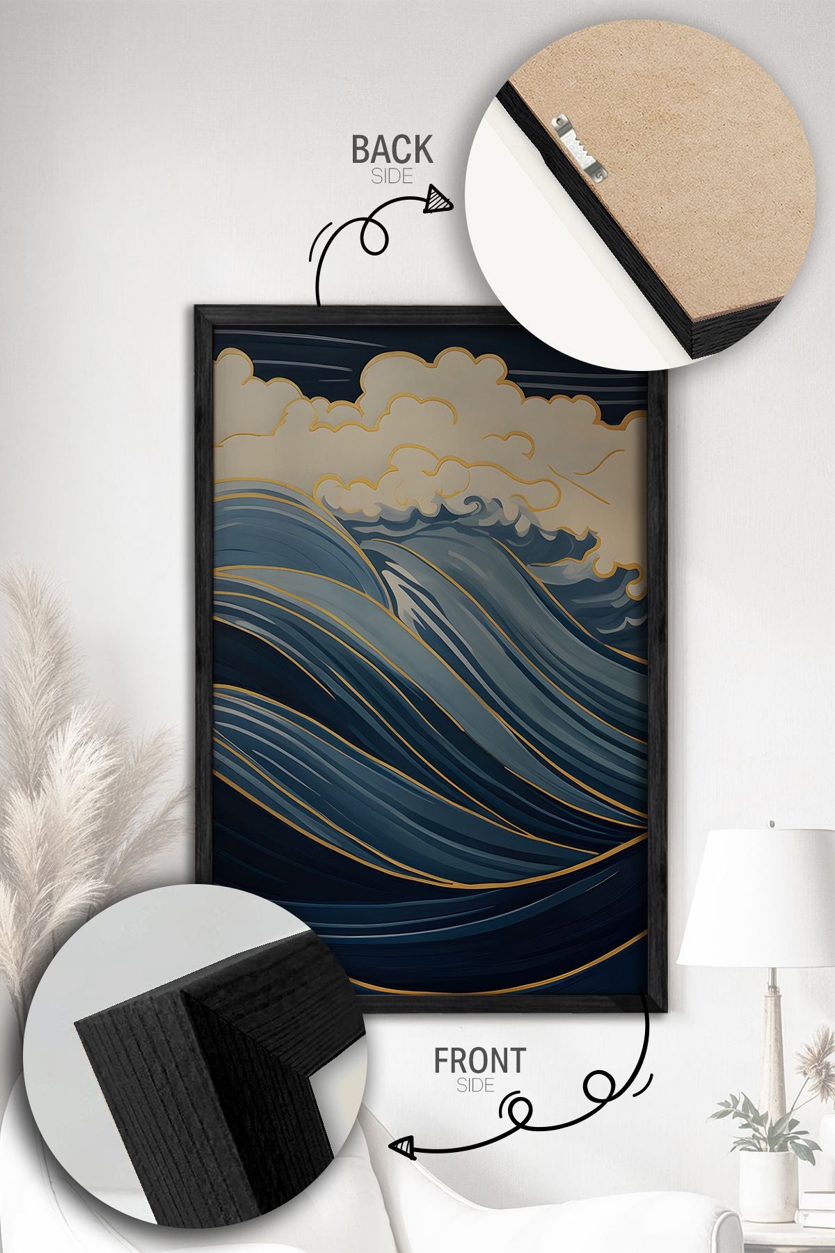 Conjunto de 3 Quadros Decorativos Multicolor com Moldura de Madeira Maciça - 34x49cm