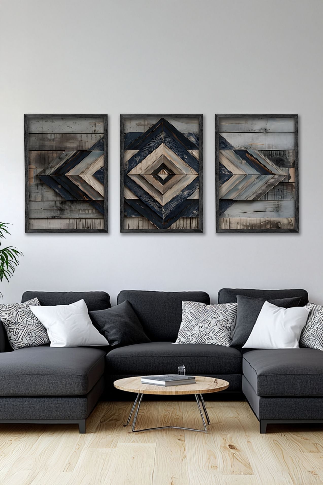 Conjunto de 3 Quadros Decorativos Multicolor com Moldura de Madeira Maciça - Arte Digital Premium para Decoração de Interiores