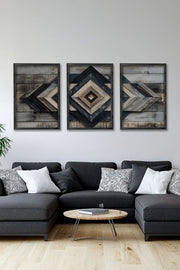 Conjunto de 3 Quadros Decorativos Multicolor com Moldura de Madeira Maciça - Arte Digital Premium para Decoração de Interiores