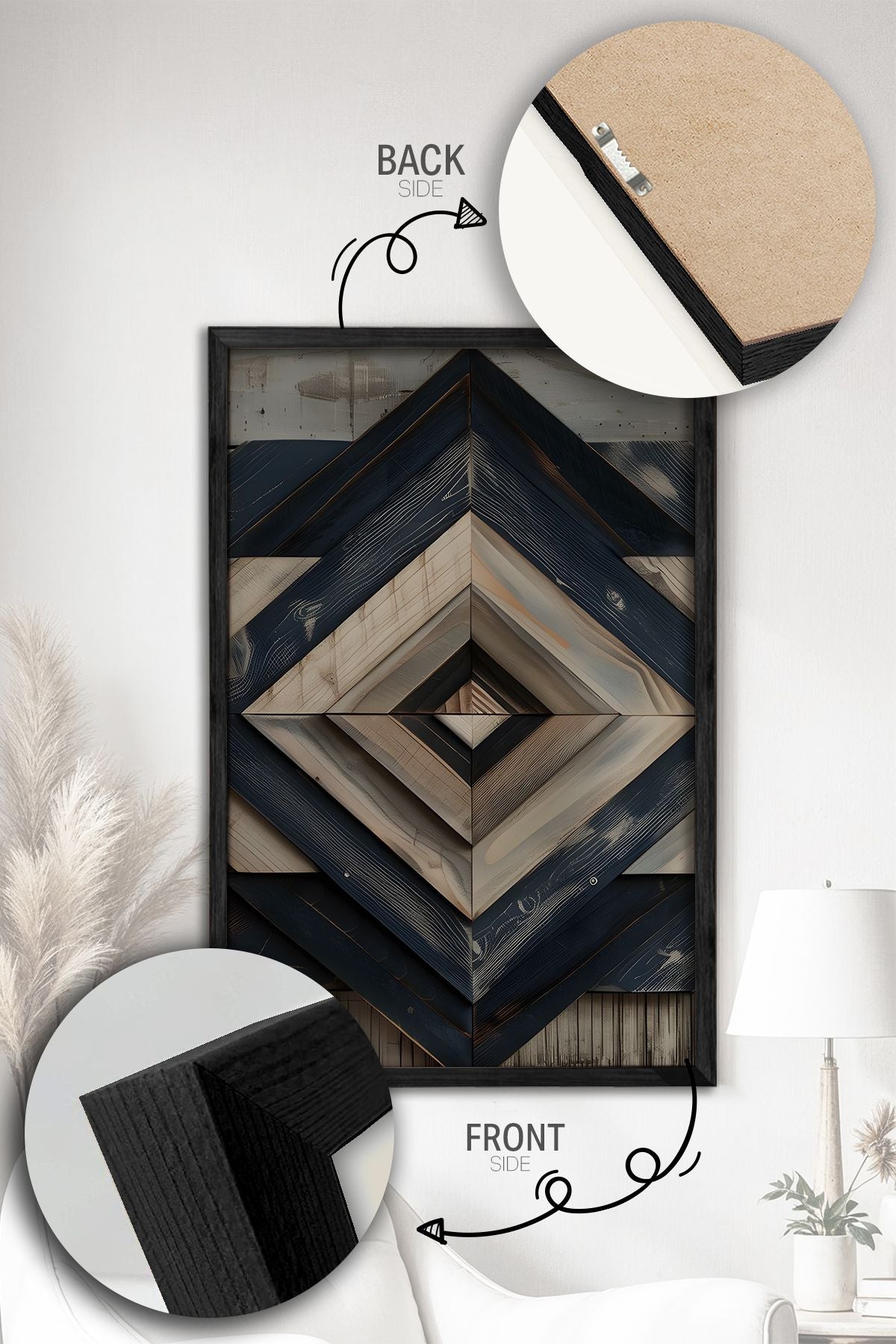 Conjunto de 3 Quadros Decorativos Multicolor com Moldura de Madeira Maciça - Arte Digital Premium para Decoração de Interiores