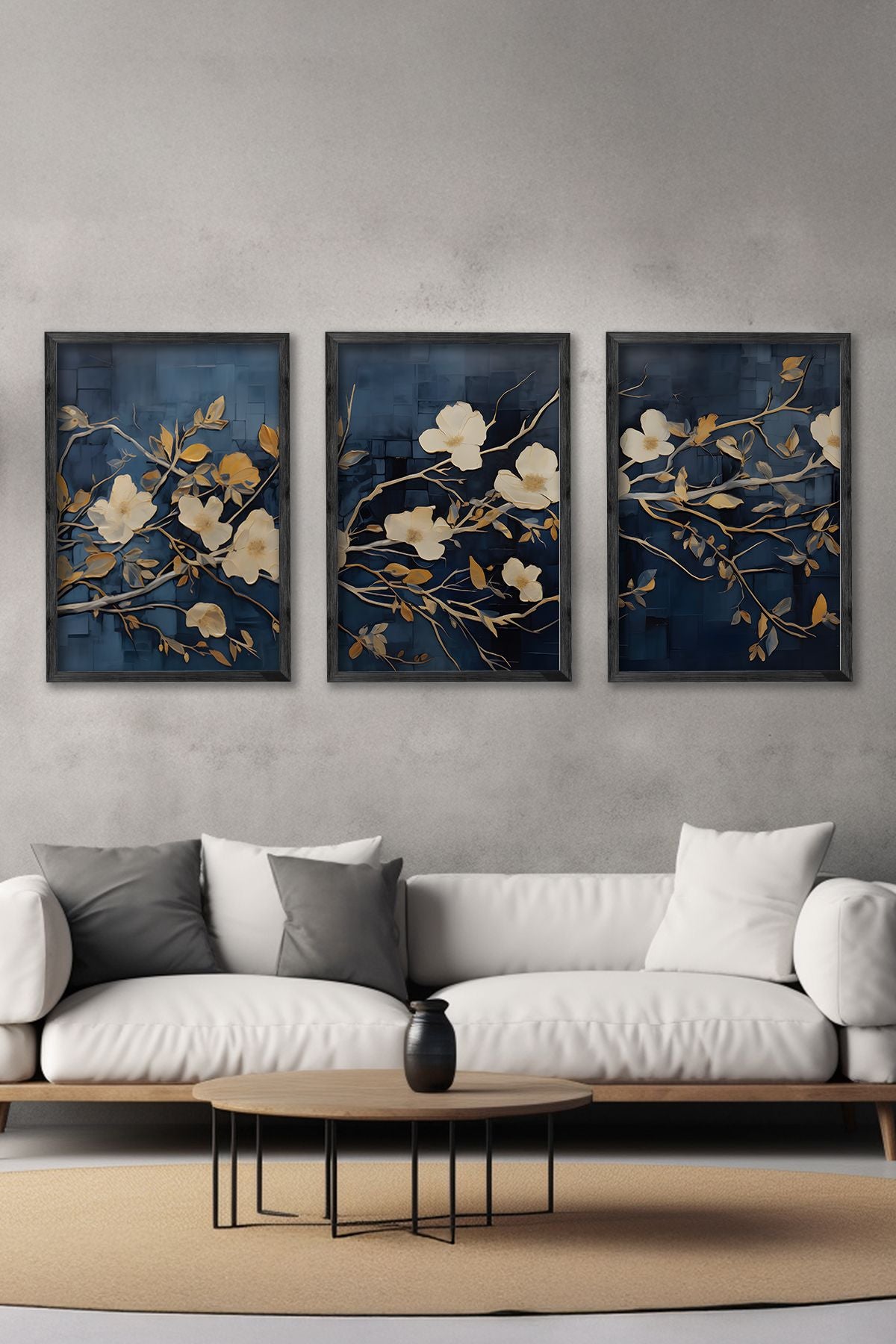 Conjunto de 3 Quadros Decorativos Multicolor com Moldura de Madeira Maciça - 34x49cm