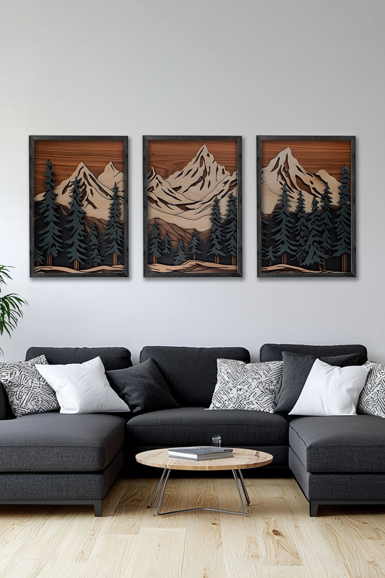 Conjunto de 3 Quadros Decorativos Multicolor com Moldura de Madeira Maciça - 34x49cm