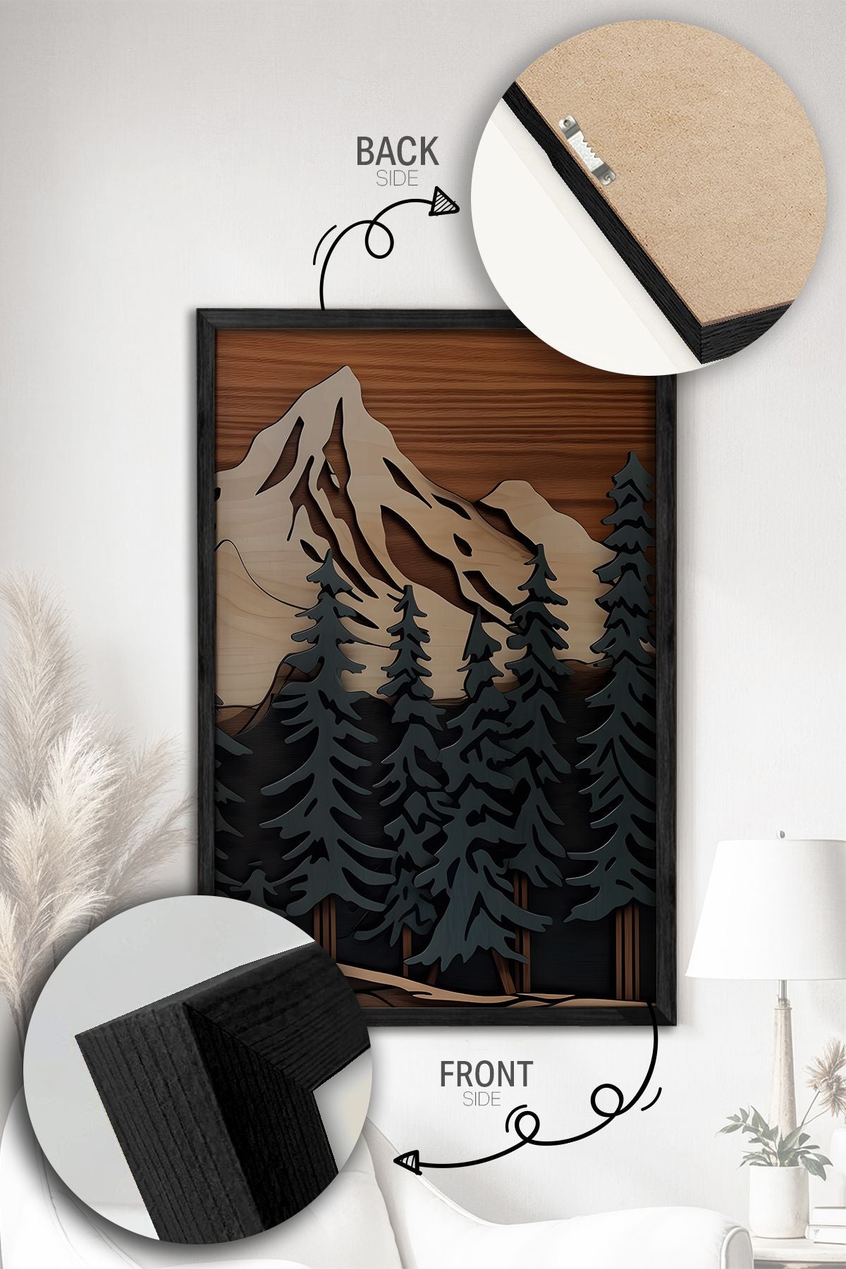 Conjunto de 3 Quadros Decorativos Multicolor com Moldura de Madeira Maciça - 34x49cm